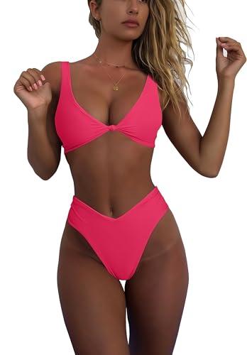 geluboao Two Piece Bright Pink Bathing Suits for Teen Sexy V Neck Bikini Bras Cheeky High Cut Thong Bikini Bottom XL