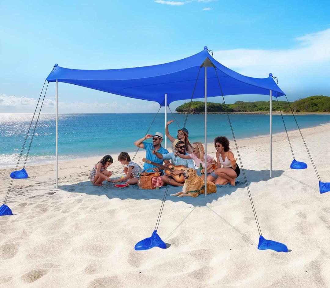 Rhino Valley Beach Tent Sun Shelter, 10x10FT Beach Canopy Tent Sun Shade UPF50+ Protection with 8 Sandbags 4 Stability Poles, Outdoor Shade Canopy 6-8 People for Camping Fishing