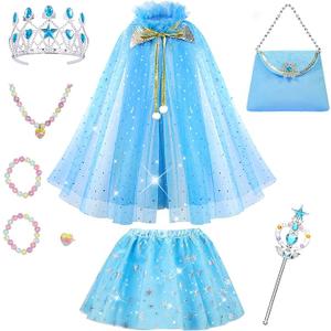 Meland Princess Dress up Clothes for Girl, Princess Cape with Kid Crown Toys, Birthday Gifts for Toddler Girls 3,4,5,6,7,8 (Blue)