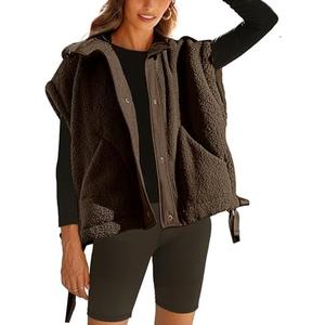 Gozoloma Women's Oversized Fleece Vest Sleeveless Casual Button Down Piecing Fuzzy Sherpa Gilet Jacket with Pockets, L