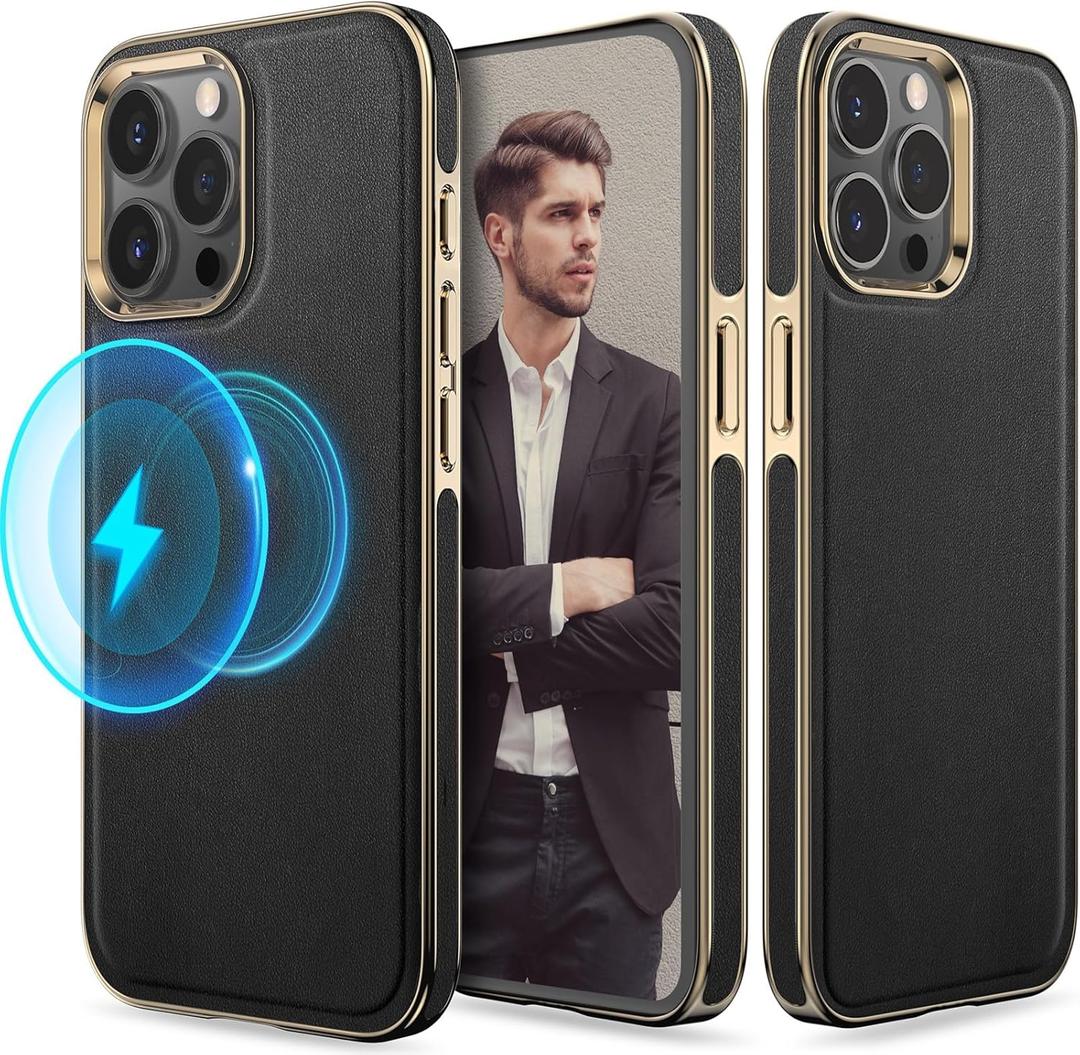 LOHASIC for iPhone 15 ProMax Case, Compatible with Magsafe Premium Leather with Microfiber Lining Business Classic Cover Soft Grip Shockproof Magnetic Cases 2023 New 6.7 inch - Black Gold