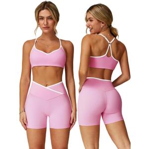 ABOCIW Workout Sets for Women 2 Piece Color Block Strappy Sports Bra Crossover High Waist Shorts Gym Yoga Pilates Outfits (Pink)