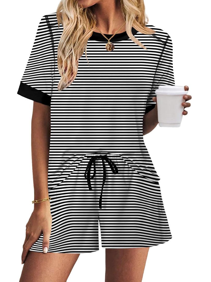 KISSMODA Womens 2 Piece Lounge Outfits Crew Neck Cap Sleeve Stripe M (M)