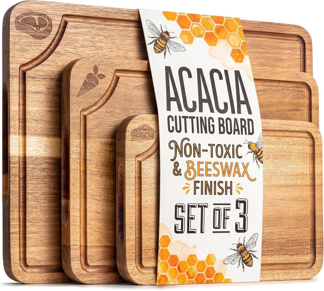 EDELHAUS Cutting Boards for Kitchen (Set of 3) Beeswax Finished Acacia Wood Cutting Board, Mineral Oil Free Wooden Cutting Boards non Toxic with Juice Groove, Non-Slip Feet, Charcuterie Boards