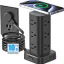 Tower Power Strip with 15W Wireless Charger, 10FT Flat Plug Extension Cord with Multiple Outlets, 12 AC Outlets, 4 USB Ports (2 USB C) Charging Station Surge Protector for Office Home Dorm Room(Black)
