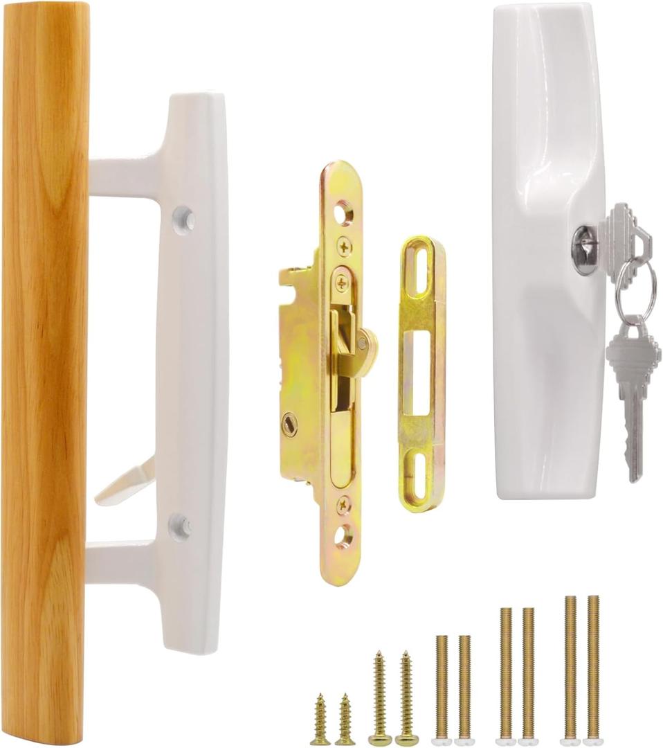 Sliding Glass Patio Door Handle Set with Key Cylinder and Mortise Lock 45 Keyway, Oak Wood Inside Handles and Zinc Diecast Outside Pull, 3-15/16" Hole Spacing, Non-Handed, White