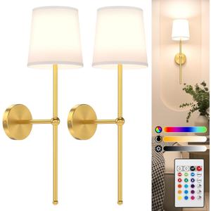Lightbiz Battery Operated Wall Sconce Set of 2, Rechargeable Wall Lights with Remote, 15 Colors Wireless Dimmable Wall Lamp for Bedroom, Living Room, Hallway