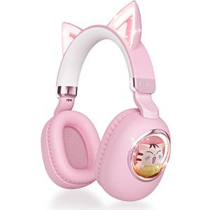 esonstyle Kids Headphones Cat Ear  Bluetooth 5.4 OverEar Noise Cancelling Headphones with Microphone LED Lights Up 85dB Safe Volume Limit Wireless or 3.5mm Wired USB C for Travel iPad Tablet (Pink)