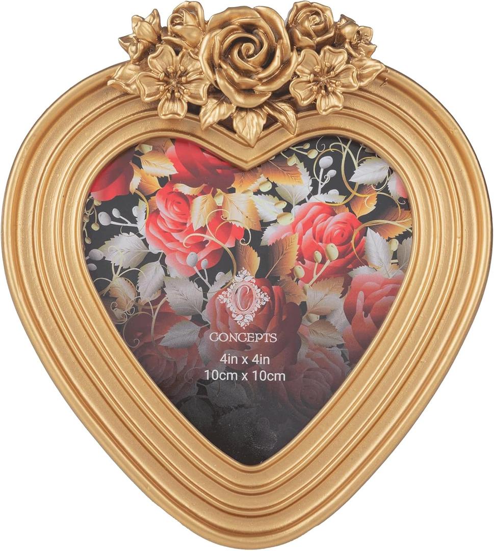 Concepts 4x4 Gold Ribbed Resin Heart Shaped Picture Frame With HD Clear Glass, Extra Durable Photo Frames -Tabletop Display (1 Pack)