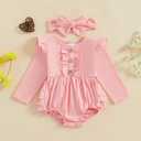 Newborn Baby Girl Outfit Ruffle Bubble Romper Long Sleeve Infant Bodysuit Jumpsuit with Headband Clothes (Pink)