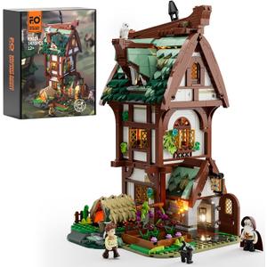 FUNWHOLE Medieval Apothecary Shop Lighting Building-Bricks Set - Compatible with Standard Bricks Medieval Series Collectible Display House 1470 Pcs for Adults and Teen