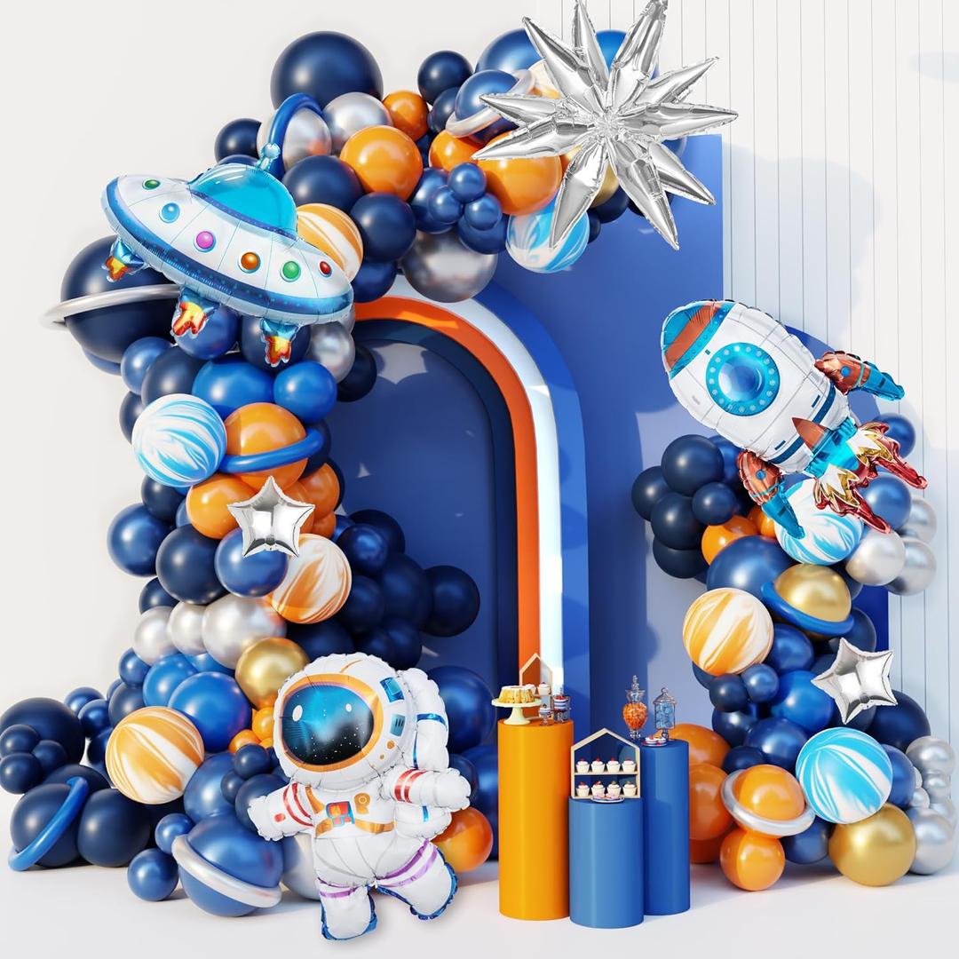 Ouddy Party 142Pcs Outer Space Party Decorations Balloon Garland Kit, Space Birthday Party Supplies UFO Astronaut Themed Navy Blue Silver Foil Latex Balloons for Boys Kids