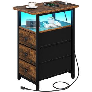Yoobure End Table with Charging Station, LED Narrow Side Table Bedside Table, Small Night Stand End Tables Living Room, Skinny Nightstand with 3 Fabric Drawers, Side Tables Bedroom for Small Spaces (Rustic Brown)