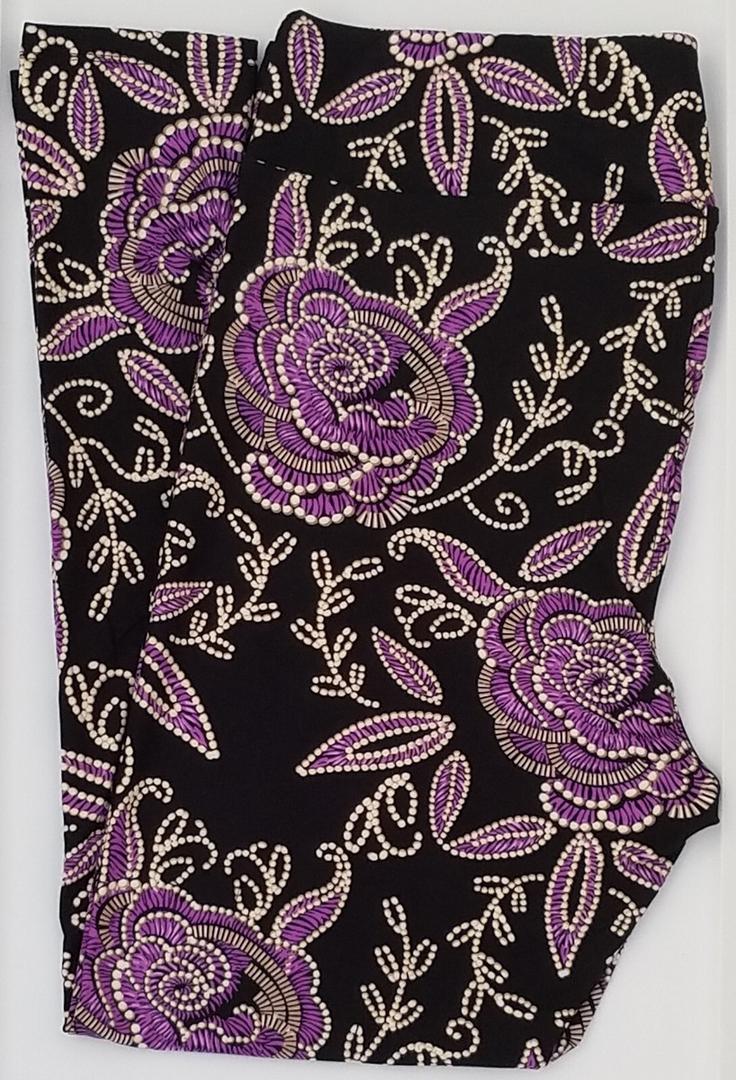 LuLaRoe Womens Leggings Size TC Black Purple Floral Roses Western Tall Curvy NWT, Pack Of 2