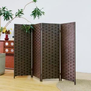 Furnnylane 4 Panel Double Sided Short Room Divider for Room Separation, Dark Brown Rattan Folding Privacy Screen, Freestanding Partition Screen for Home Office - 3.95 ft Tall