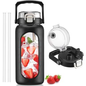 BLUEGO 64oz Glass Water Bottle with Handle and Straw, Motivational Sports Water Bottle with Time Marker and Silicone Sleeve Leakproof Drinking Bottle for Travel Gym Workout, Black