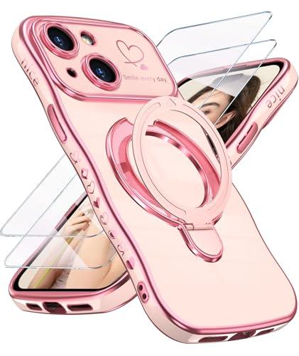 Liufcx for iPhone 14 Case with Screen Protector: Luxury Plated Gold Cute Wavy Edge Love Heart Pattern Kickstand Case, Slim Soft TPU Full Camera Shockproof Protection Cover for iPhone 14 (Pink)
