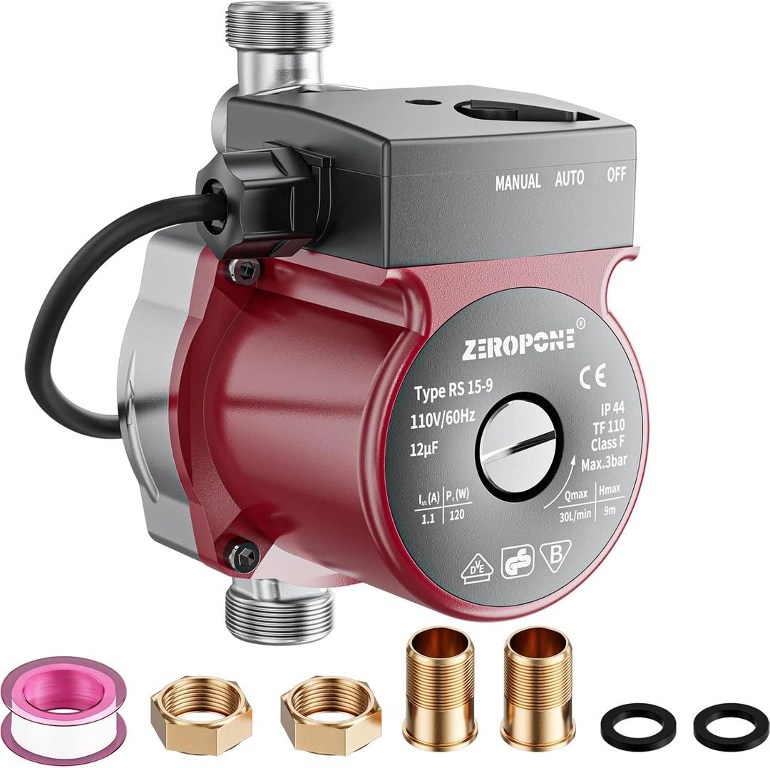 ZeroPone Hot Water Recirculating Pump, Water Circulator Pump, 120W 110V Automatic Circulating Pump Stainless Steel Head NPT 3/4" w/NPT 1/2" Adapter,15-9S Dual Control for Electric Water Heater System,  Red-15-9s