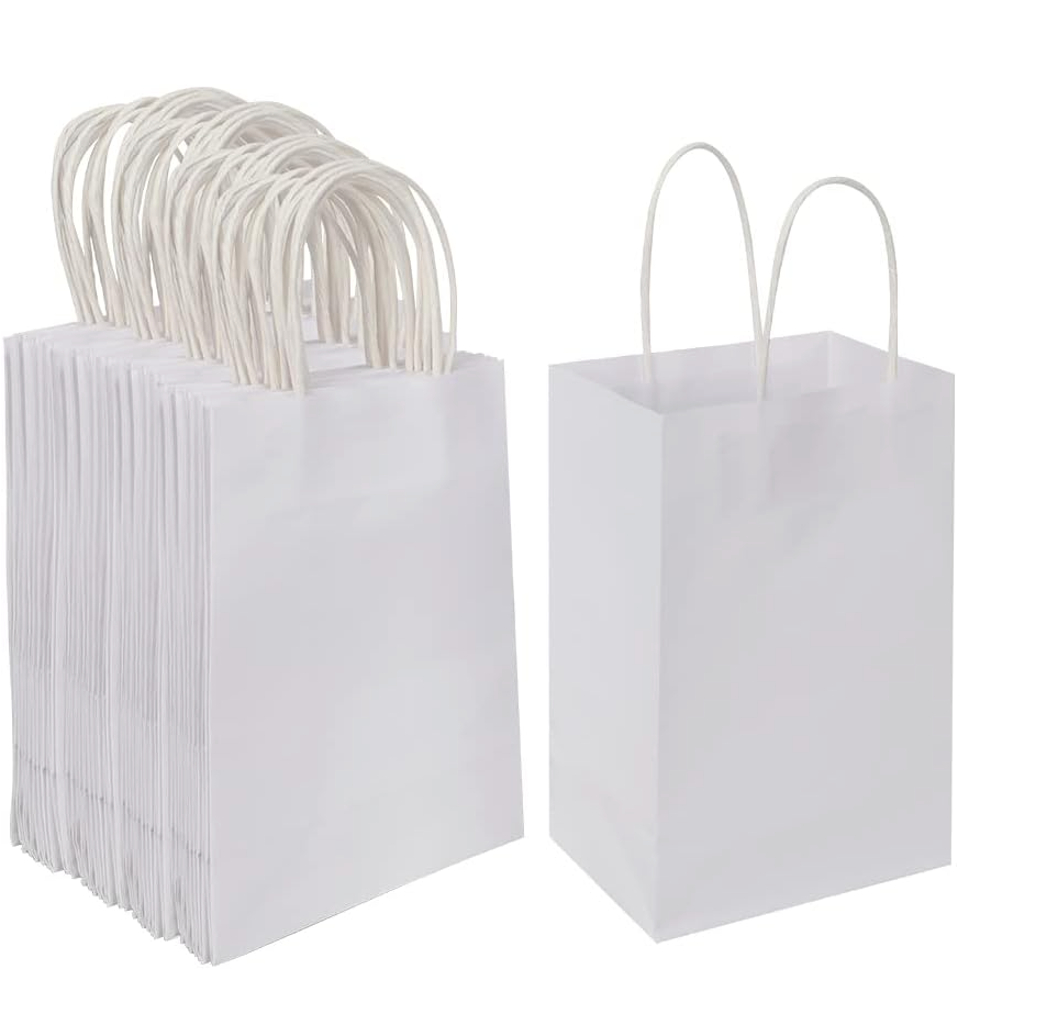  100 Pack 5.25x3.25x8.25 Inch Small White Kraft Paper Bags with Handles Bulk for Birthday Wedding Party Favors Grocery Retail Shopping Business Goody Craft Gift Bags Cub Sacks 