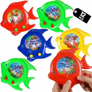 Fish Water Ring Toss Toy - (Pack of 12) Water Ring Game Handheld Fun Aqua Arcade Retro Game Pocket Travel Toys for Car Road Trip Activities for Kids Birthday Party Favors Goodie Bags Stuffers for Kids, 12-Pcs