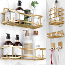 Shower Caddy Bathroom Shelves, The Athena Silken 4 Set, 40LB Capacity, Adhesive Tape - No Drill-Rustproof -Gorgeous Powder Coated 304 Stainless Steel Shower Organizer for kitchen and Home Decor - Gold