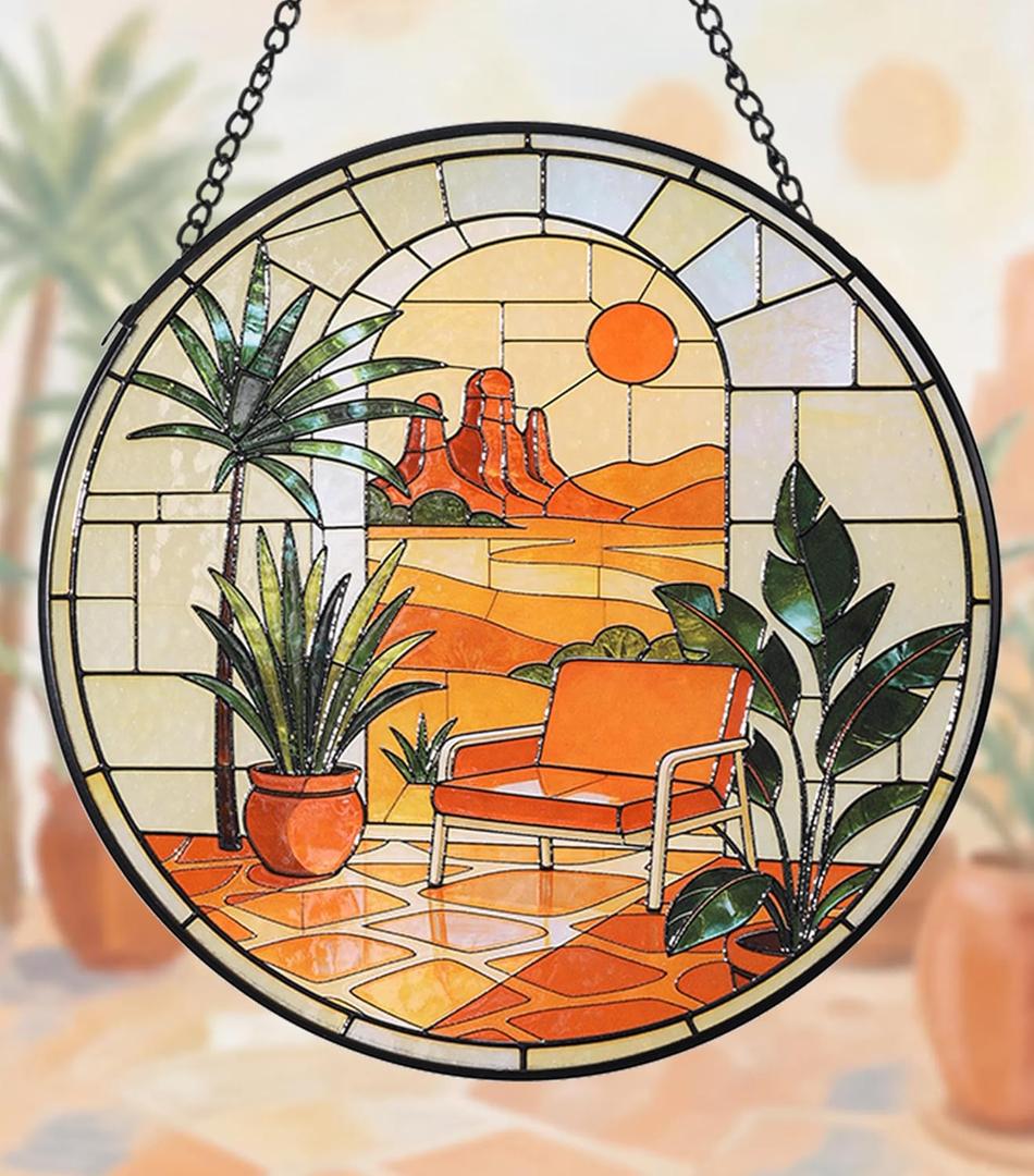 3 x Stained Glass Window Hanging,20cm/7.87inch Desert Sunset Suncatcher with Chain Garden Diamond Glass Panel Hangings Decoration for Windows Home Decor Gifts for Family Friends Colleagues