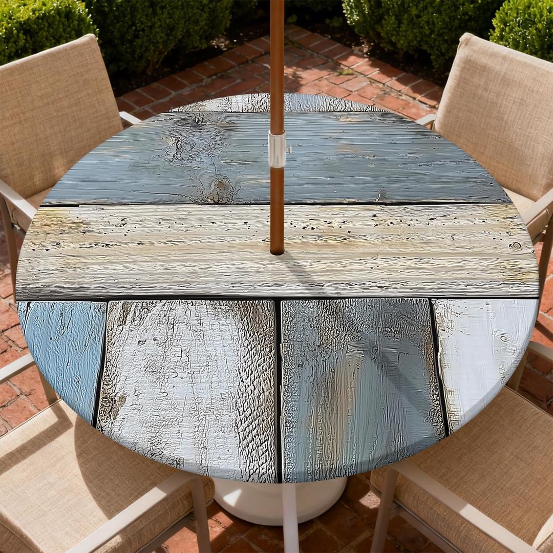 Round Outdoor Tablecloth with Umbrella Hole, Zippered Fitted Tablecloth with Elastic Edge, Waterproof Table Cloth Cover for Picnic Party Fits 37"-44" Round Table, Weathered Wood