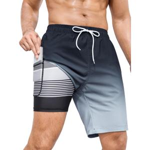 SILKWORLD Mens Swimming Trunks with Compression Liner 2 in 1 Quick-Dry 9" Swim Shorts with Zipper Pockets (Medium, Gradient-Black Grey)
