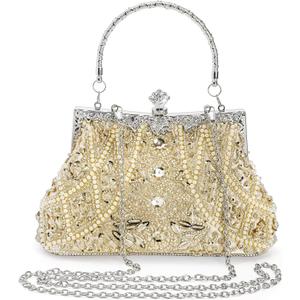 1920s Vintage Evening Bag, Champagne Beaded Clutch Purse for Woman, Elegant Rhinestone Clutch Crossbody Bag with Sequin Pearl, Evening Handbag Shoulder for Formal Bridal Wedding Party Prom