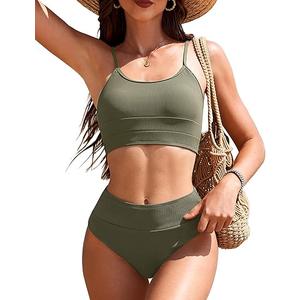 AI'MAGE Women's High Waisted Bikini Sets Two Piece Tummy Control Swimsuits 2025 Color Block Sporty Ribbed Bathing Suits (Large, Hot Pink)