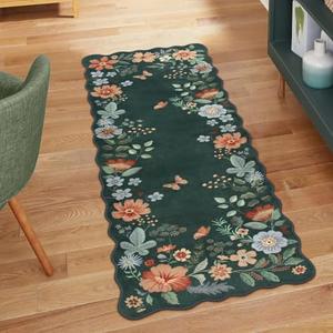 Floral Small Rug, 2x 3,5 Kitchen Rugs Non Slip Washable Rug Ultra-Thin, Soft Front Door Mat Indoor Entrance Boho Low-Pile Entry Carpet for Bathroom Bedroom Flore (2x3,5ft,Dark Green)