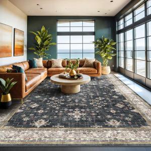 Black Boho Rug for Living Room 9x12 - Washable Dining Room Rugs for Under Table, Vintage Soft Low Pile Carpet for Bedroom, Non-Slip Farmhouse Bohemian Large Tumble Rug for High Traffic Area (Ashen / Multi)