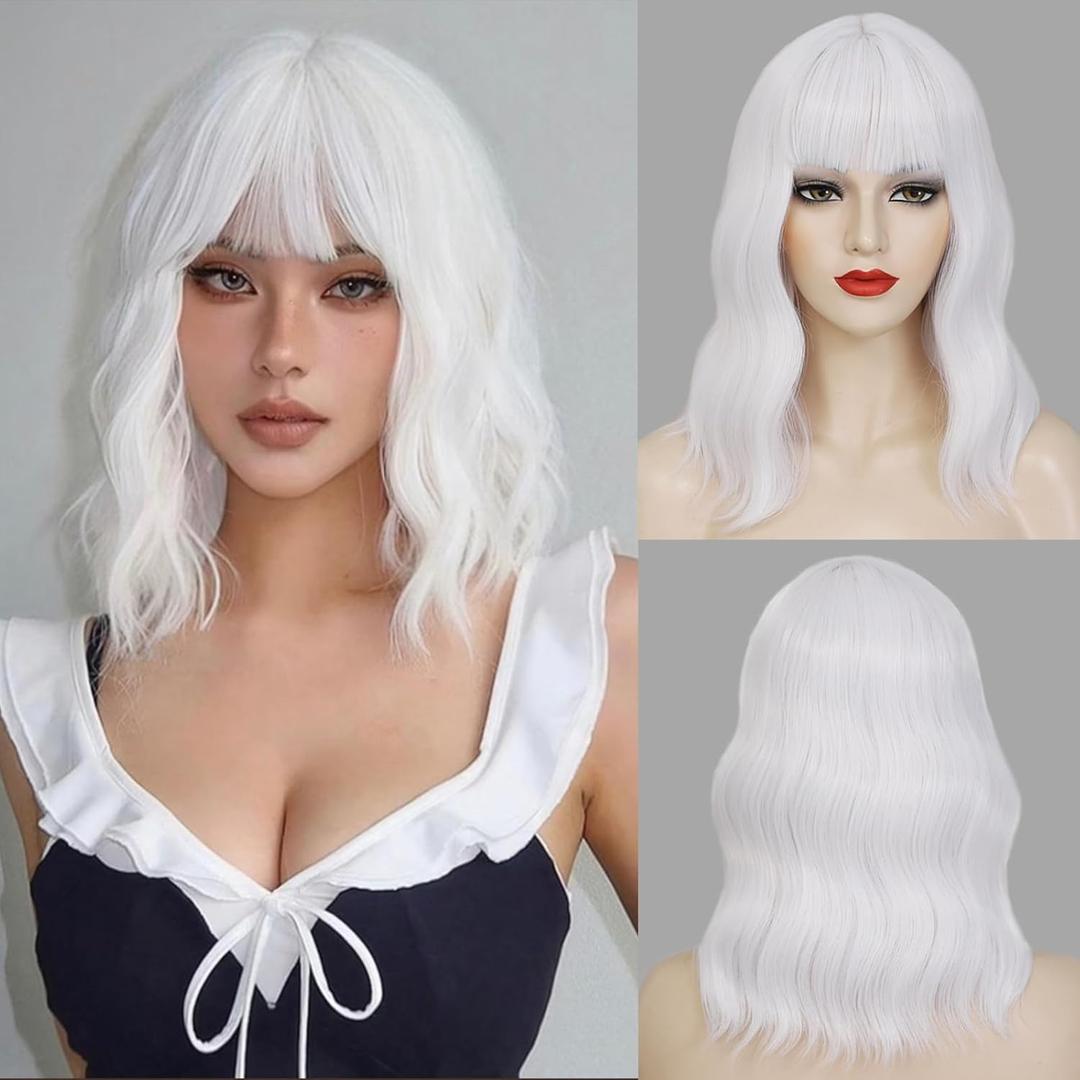 White Bob Wig with Bangs Short Wavy Wig for Women Loose Wavy Shoulder Length Colorful Synthetic Wig for Girl Cosplay Costume Wigs