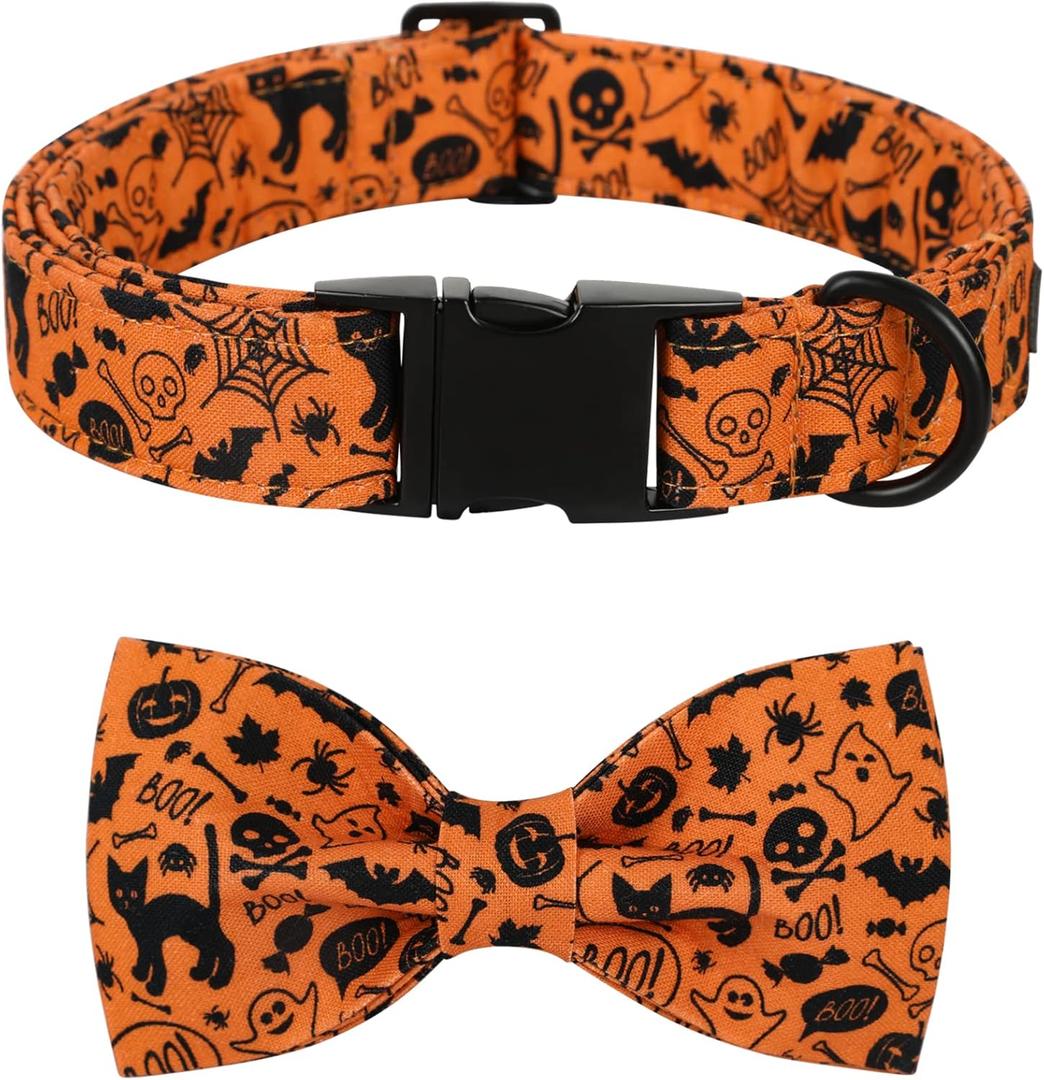 Lionet Paws Halloween Dog Collar with Bowtie - Cute Cotton Adjustable Fall Bowtie Dog Collar with Metal Buckle for Small Medium Large Dog Girl Boy Gift, L, Neck 16-24in