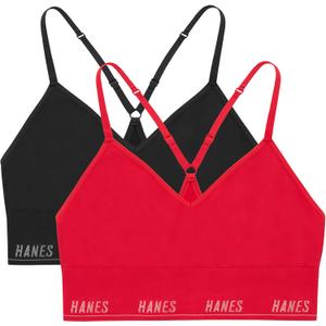 Hanes Women's Moves Seamless Triangle Wireless, 360 Flex Light Support Pullover Bra, Odor Control, 2-Pack (Medium, Black/Glimmer Red)