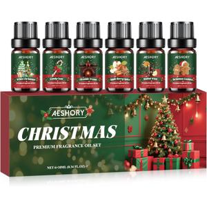 Christmas Fragrance Oil Set, 6 Premium Winter Essential Oils for Diffuser, Scented Oils Gift for Soap & Candle Making, Candy Cane, Fireside Treats, Apple Spice, Mulled Wine, White Christmas, Cookies