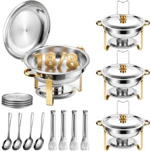 4 Pack Chafing Dishes for Buffet with Lid & Lid Holder, 6QT Round Stainless Steel Chafing Dish Set, Heating and Cooling Buffet for Home Parties, Christmas Gatherings, Catering Events