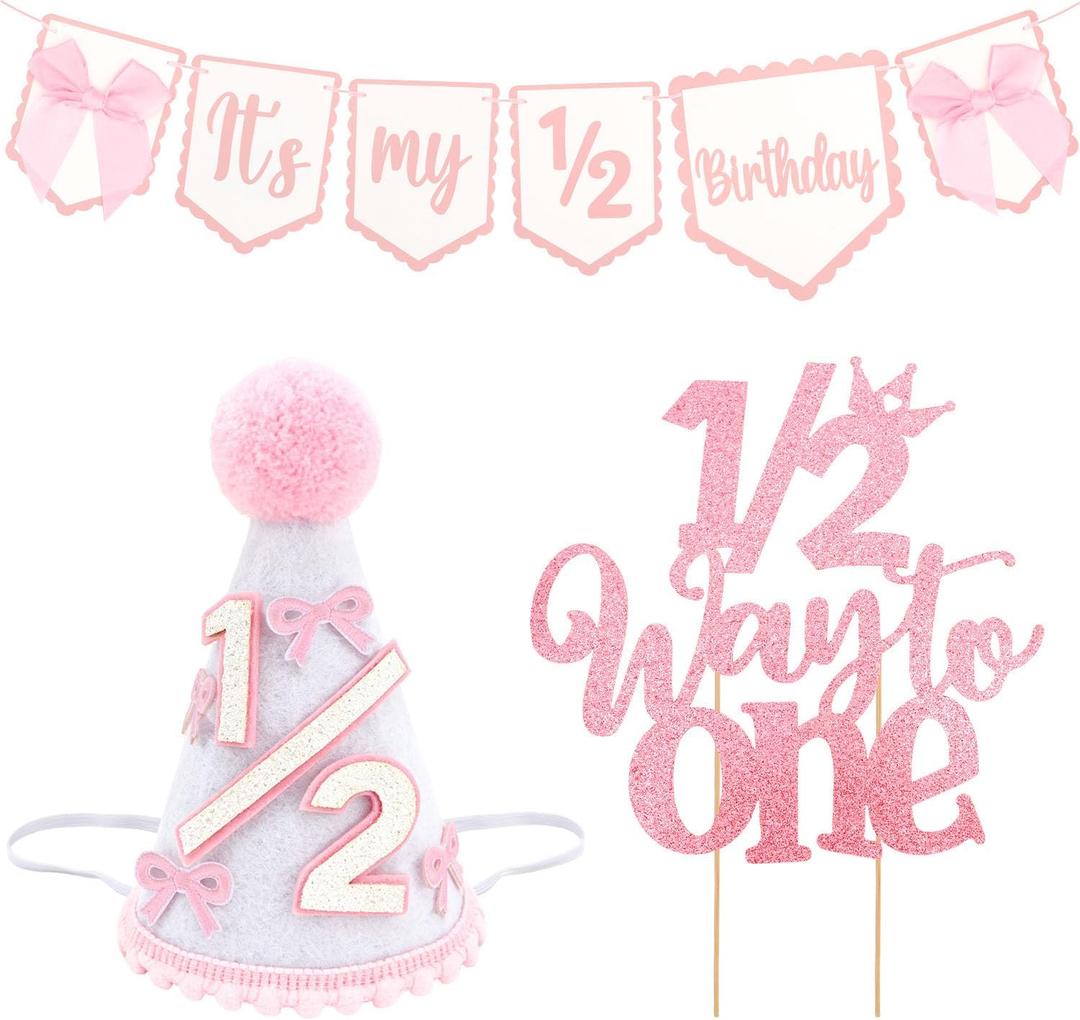 SuPoo 1/2 Birthday Banner and Princess Cone Hat Cake Topper Half Birthday Crown Glitter Bow Half Way to One Baby Girl Decorations 6 Month It is My 1/2 Birthday High Chair Banner Tiara Outfit