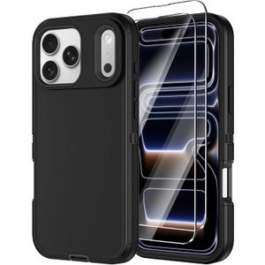 Annymall for iPhone 17 Pro Case with Screen Protector, Heavy Duty 3-Layer Drop Protection DustProof, Military Grade Shock-Absorbing Rugged Bumper Phone Cases Cover for Apple 17 Pro 6.3" (Black)