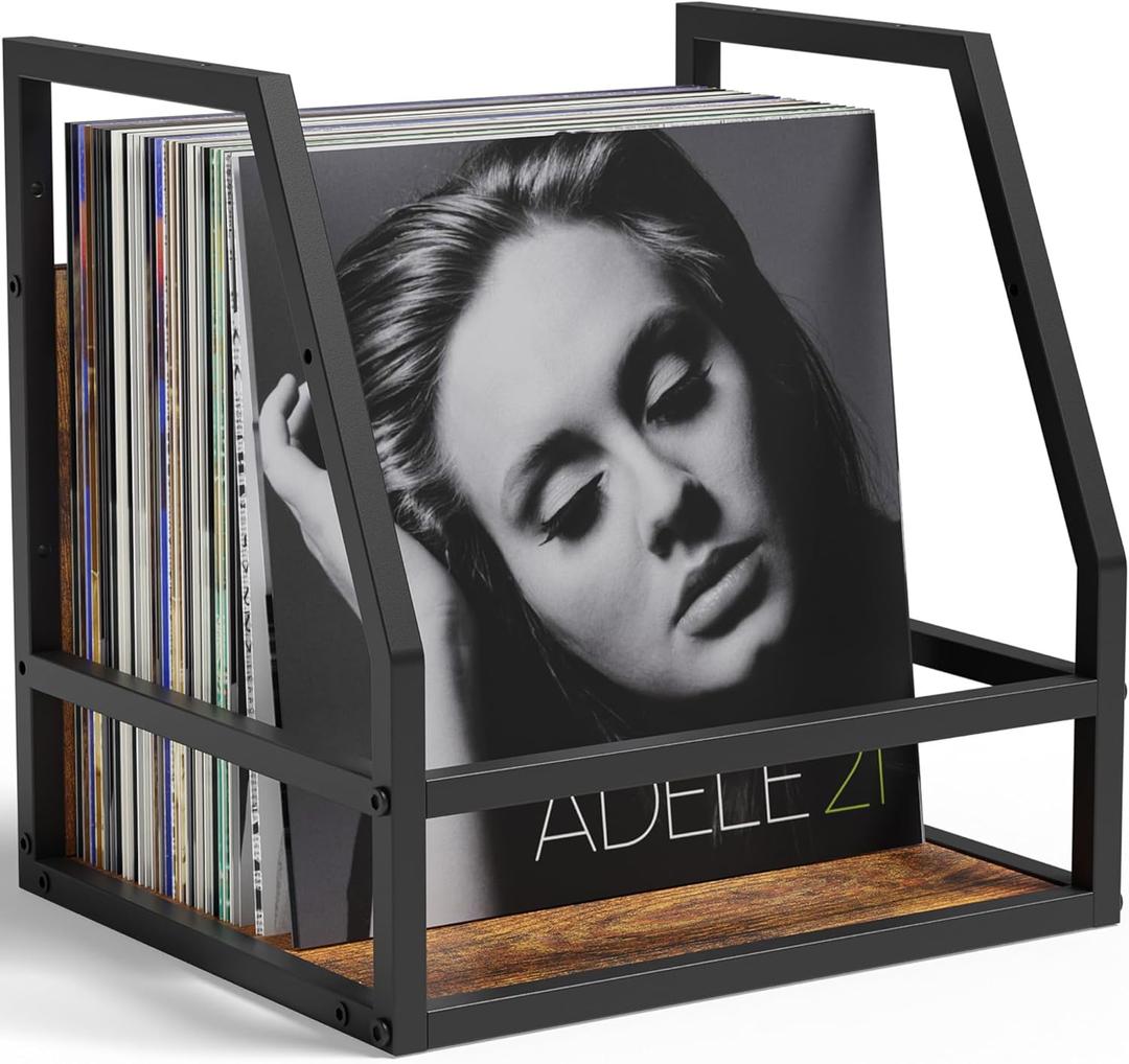 Y&M 2 In 1 Vinyl Record Storage Crate, 1PC Wood LP Holder, Wall Mount or Desktop Metal Album Organizer, Holds 80+ Records, Multifunctional Stackable Magazine Display Shelf, Brown (Rustic Brown Black (1 Pack))