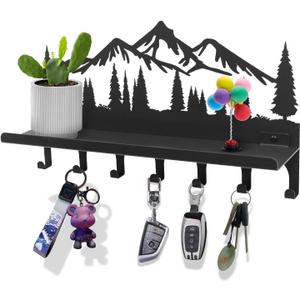 Wall Mounted Mountain Key & Mail Holder with Shelf | Metal Key Organizer with 2 in 1 Key Hooks for Entryway, Hallway, Office