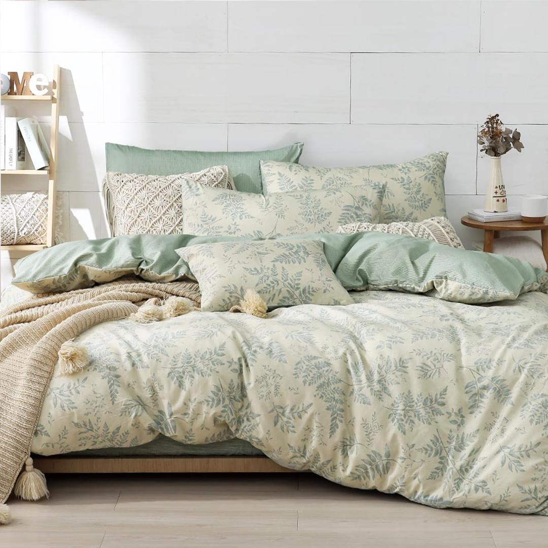 LEMIROE Botanical Cotton Comforter King Size - Dusty Green Comforter Printed with Luxurious Greyish-Green Ferns on Beige,Reversible Lightweight Bedding Sets 3Pcs (104"90")
