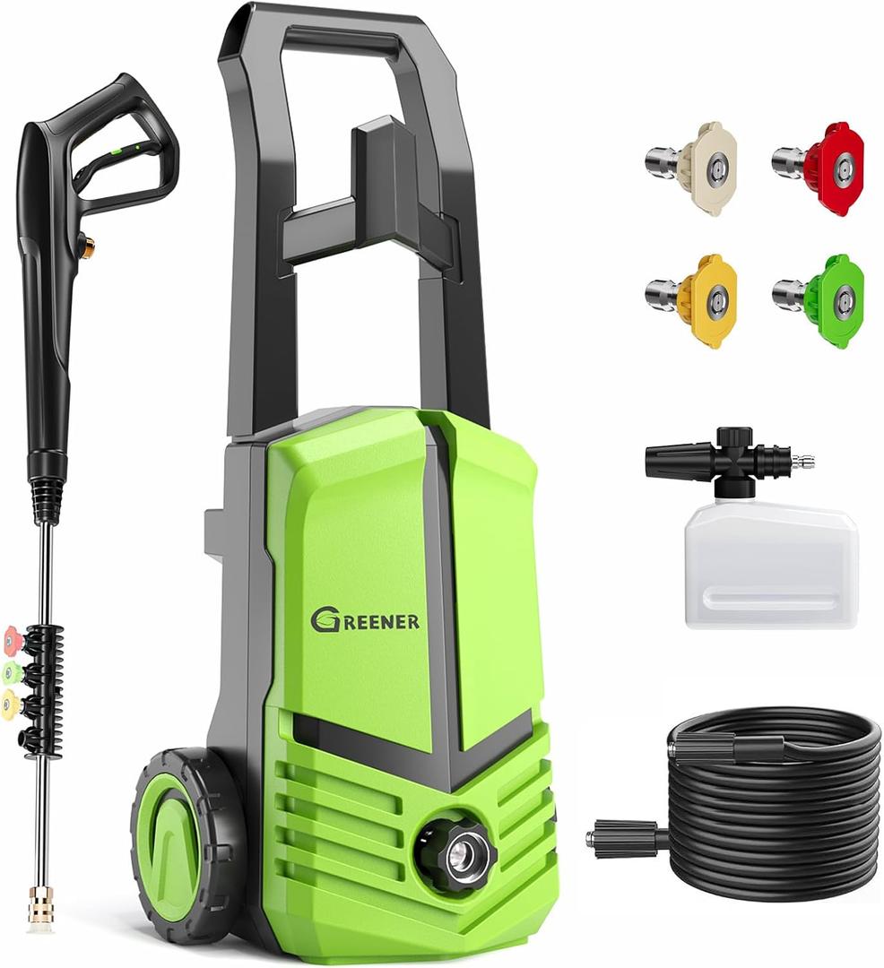 GREENER Electric Pressure Washer, 3800PSI, 4 Quick Nozzles, 2.4GPM, 23FT Outlet Hose, 9FT Power Cord, Power Washer Electric Powered with Soap Cannon for Car, Fence, Driveway, Patio Cleaning-Green