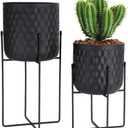 TRIROCKS Set of 2 Planters with Stand Indoor Outdoor Metal Plant Stand 8 * 18 &7 * 12 "Modern Planters Flower Pots for Living Room Corner Kitchen Office Garden Balcony Patio Decor(Black)