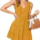 MITILLY Women's Casual T-Shirt Dresses Sleeveless V Neck Button Down A Line Loose Swing Short Dress with Pockets, Medium
