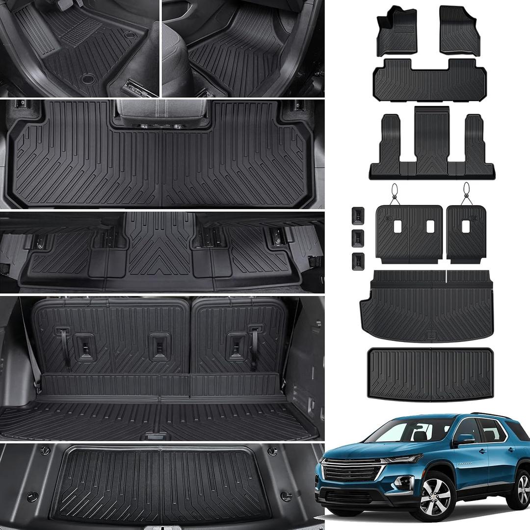 Floor Mat Cargo Mats for 2018-2022 2023 Chevrolet Chevy Traverse 7 Seats Car Mat Accessories, All Weather TPE Backrest and Lower Trunk Cargo Liner (18-23 7 Seats Set)