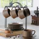 Espresso Cups Set, 4 Oz Porcelain Coffee Cups with Saucer and Metal Stand Small Cappuccino Cups Set of 6 Demitasse Cups for Espresso, Latte, Cafe Mocha, Cappuccino, and Tea, Brown