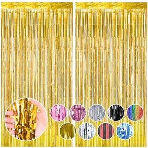 RUBFAC 2 Pack Gold Backdrop Party Decorations Tinsel Foil Fringe Curtains Photo Booth Streamer for New Year Decorations Bachelorette Wedding Engagement Birthday Holiday Celebrations Supplies, Set of 3