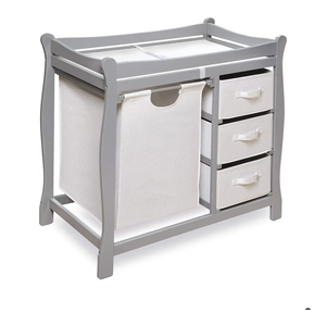 Badger Basket Sleigh-Style Baby Changing Table - Diaper Changing Station with 3 Storage Baskets - Nursery Organizer with Hamper, Changing Pad, Safety Rails - Gray