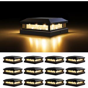 Solar Post Cap Lights Outdoor 12 Packs for 4x4 5x5 Vinyl/Wooden Posts, Waterproof Solar Powered Fence Post Light with Warm/Cool Lighting, Black 16LEDs Deck Cap Light for Garden, Patio, Porch